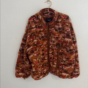 NWT-UGG Marlene Brown and  Orange Patterned Fleece Jacket- Size Large